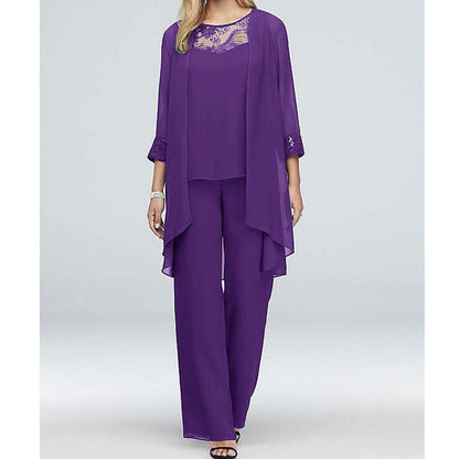 Lenora | Three-Piece Trouser Set Grey Chiffon Lace Trim for Women