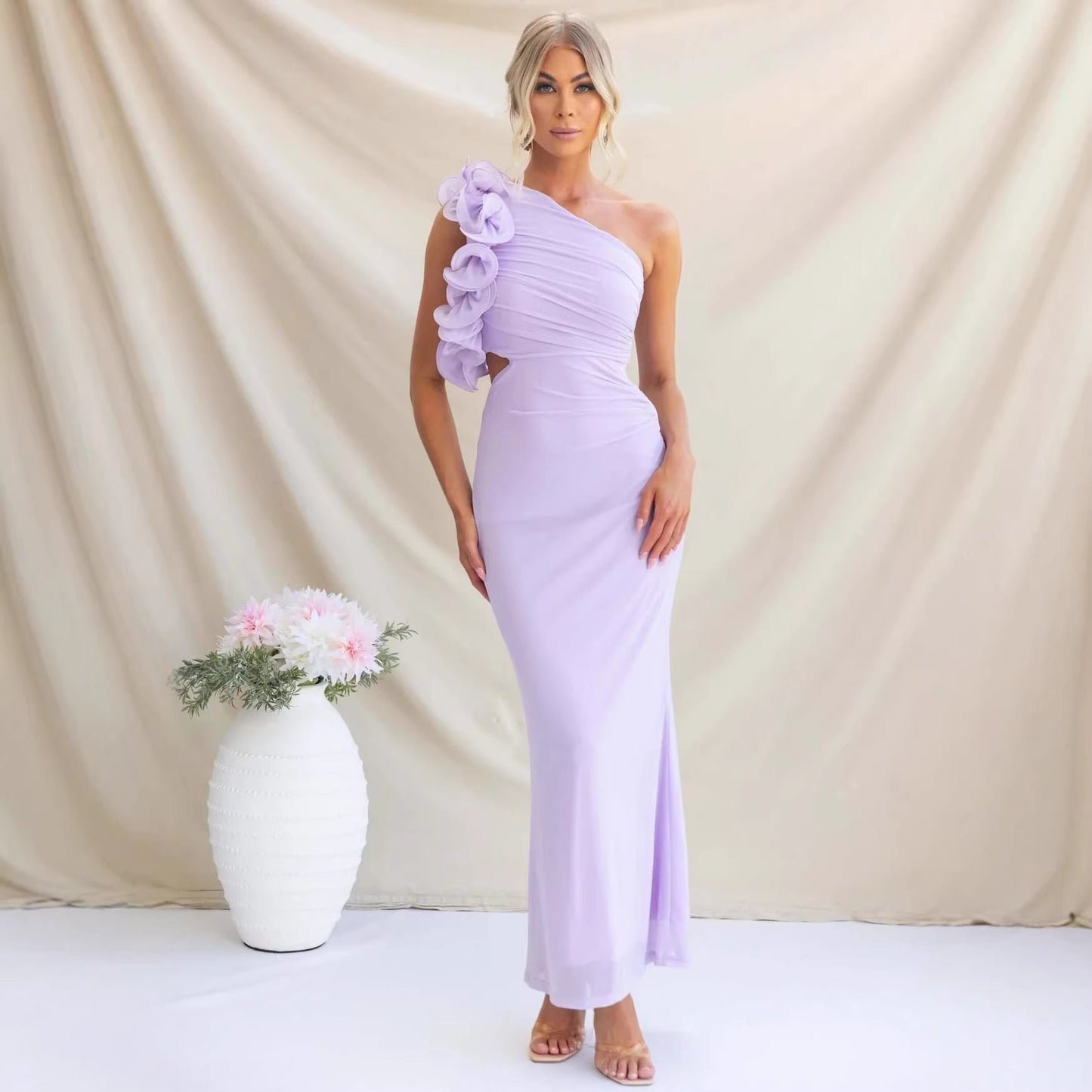 Serena | Maxi Dress Sage Green One-Shoulder Ruffle Detail for Women