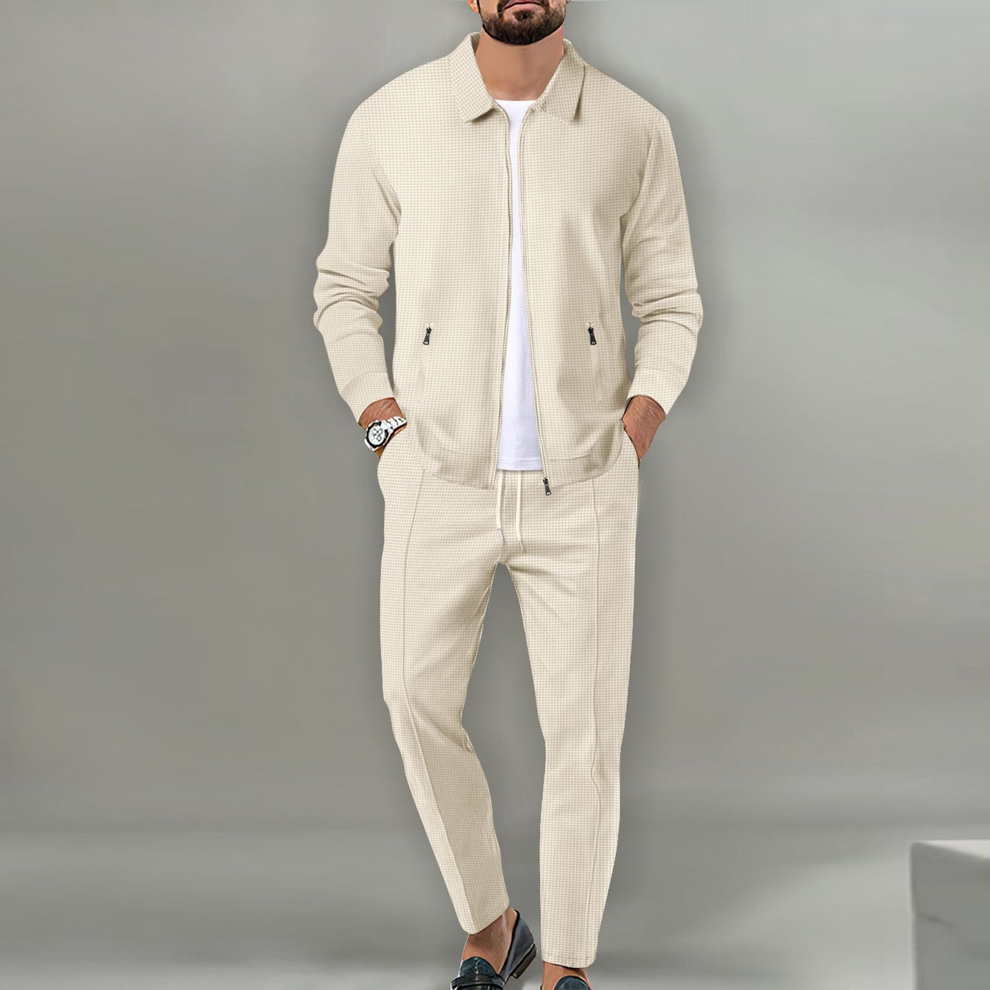 Percy | Suit Set Off-White Cotton Blend Slim Fit Zip Jacket and Trousers for Men