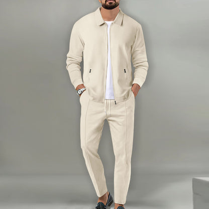 Percy | Suit Set Off-White Cotton Blend Slim Fit Zip Jacket and Trousers for Men