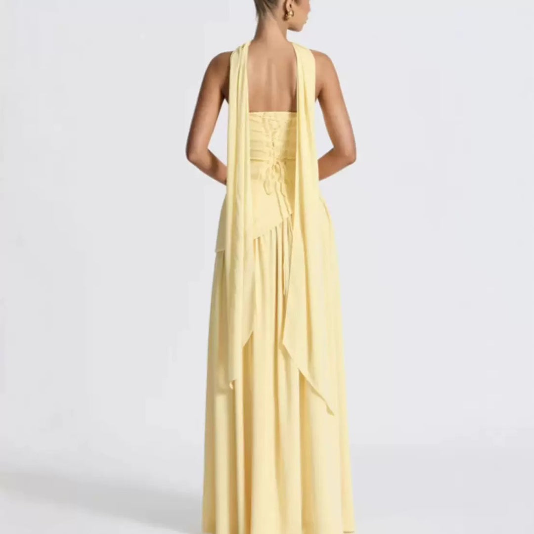 Winsome | Maxi Party Dress Yellow Chiffon Strapless Halter Wrap for Women