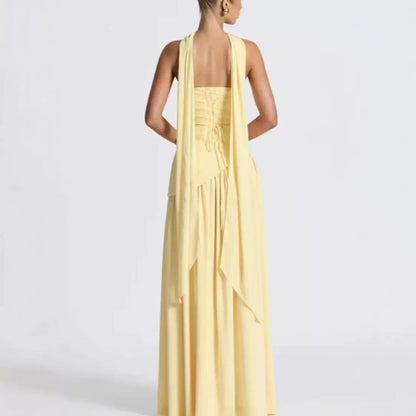 Winsome | Maxi Party Dress Yellow Chiffon Strapless Halter Wrap for Women