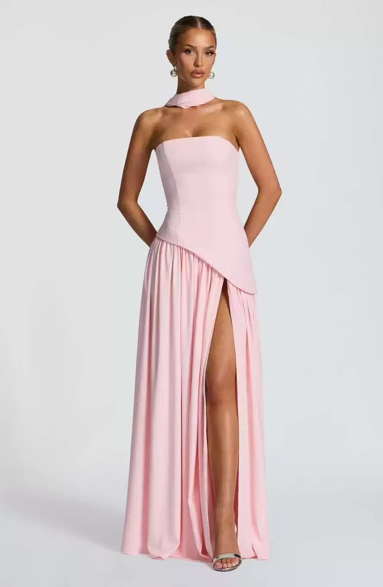 Winsome | Maxi Party Dress Yellow Chiffon Strapless Halter Wrap for Women