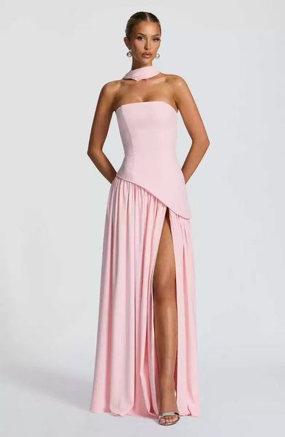 Winsome | Maxi Party Dress Yellow Chiffon Strapless Halter Wrap for Women