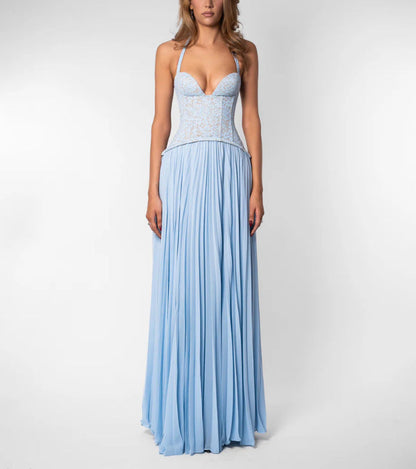 Sorcha | Maxi Party Dress Olive Green Lace Chiffon Halterneck Pleated for Women