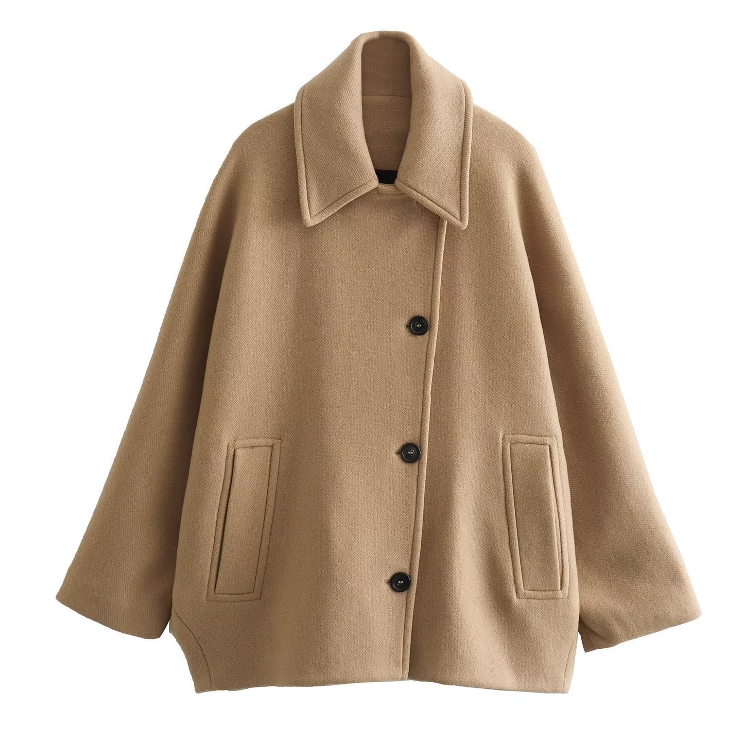 Harriet | Short Coat Camel Wool Blend Oversized Button-Front for Women