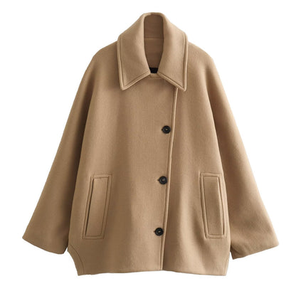 Harriet | Short Coat Camel Wool Blend Oversized Button-Front for Women