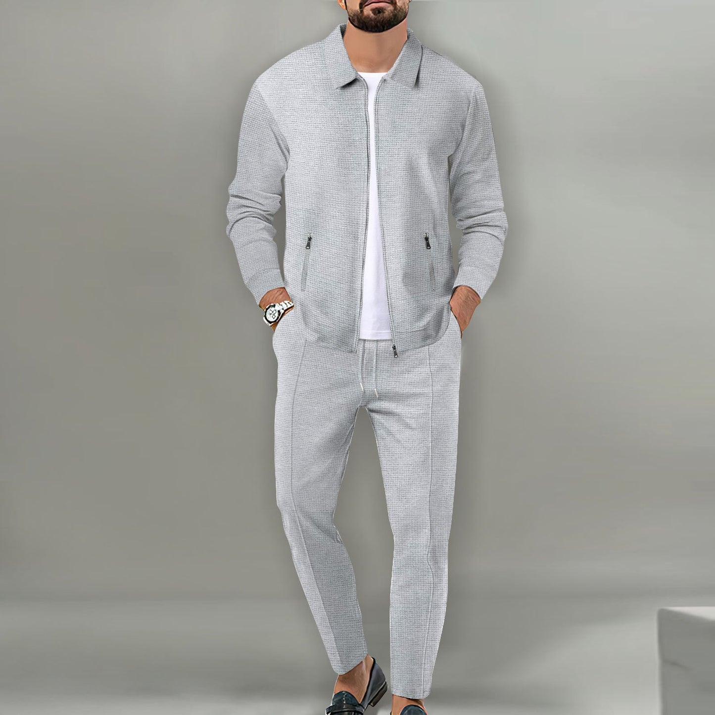 Percy | Suit Set Off-White Cotton Blend Slim Fit Zip Jacket and Trousers for Men