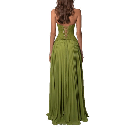Sorcha | Maxi Party Dress Olive Green Lace Chiffon Halterneck Pleated for Women