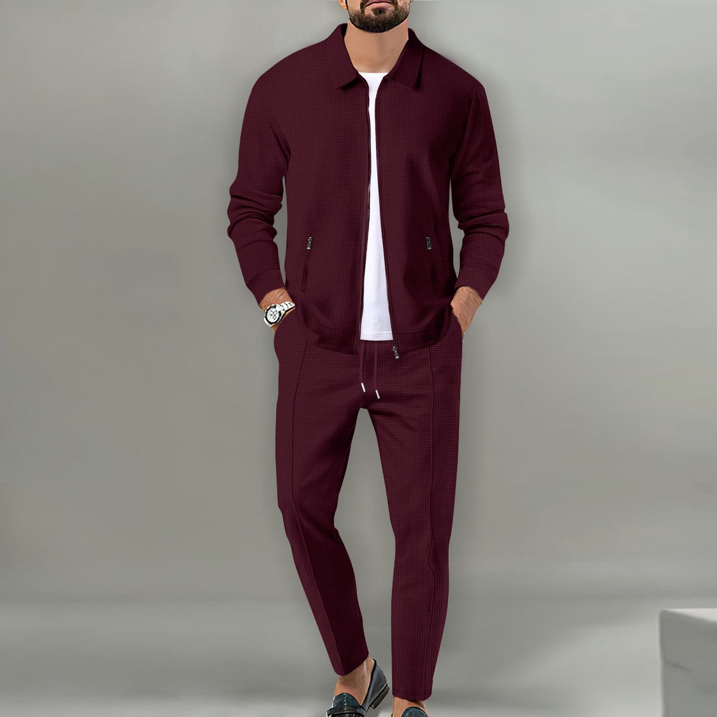 Percy | Suit Set Off-White Cotton Blend Slim Fit Zip Jacket and Trousers for Men