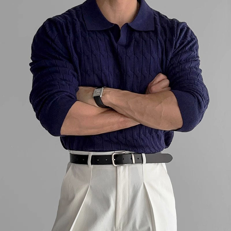 Nigel | Polo Sweater Black Cable Knit Loose Fit for Men