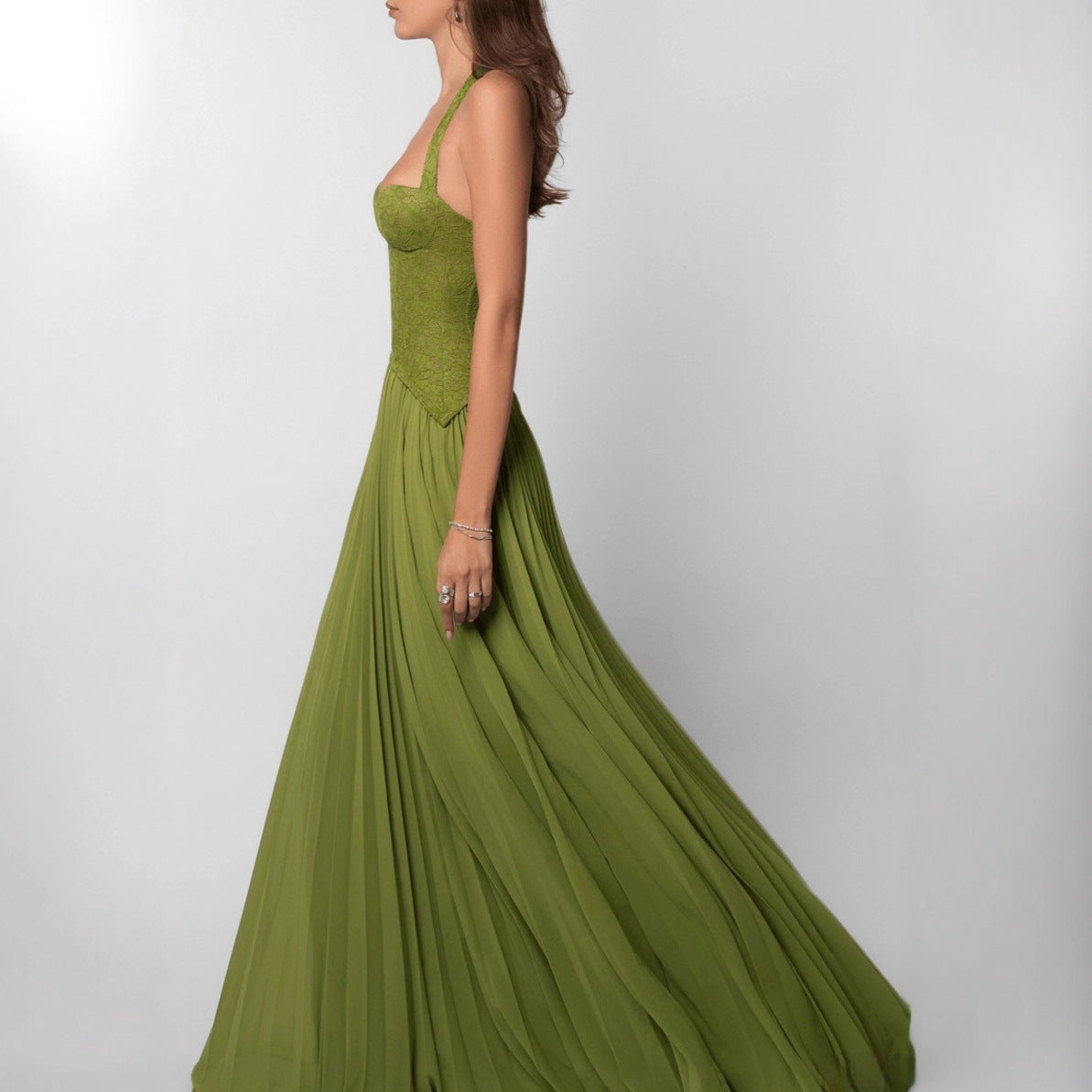 Sorcha | Maxi Party Dress Olive Green Lace Chiffon Halterneck Pleated for Women