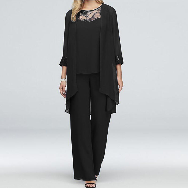 Lenora | Three-Piece Trouser Set Grey Chiffon Lace Trim for Women