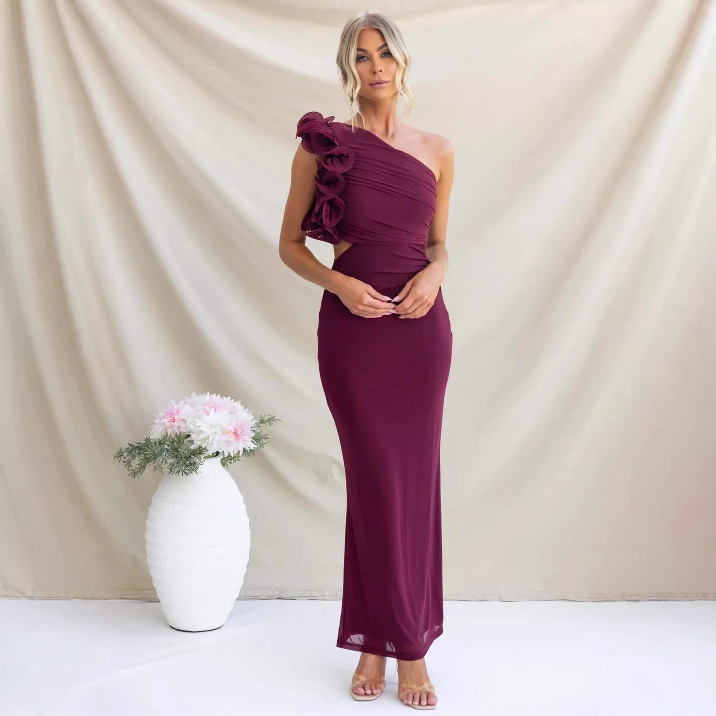 Serena | Maxi Dress Sage Green One-Shoulder Ruffle Detail for Women