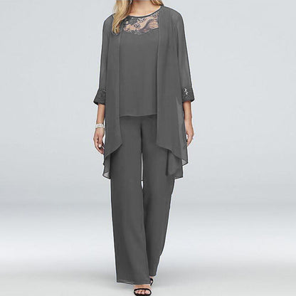 Lenora | Three-Piece Trouser Set Grey Chiffon Lace Trim for Women