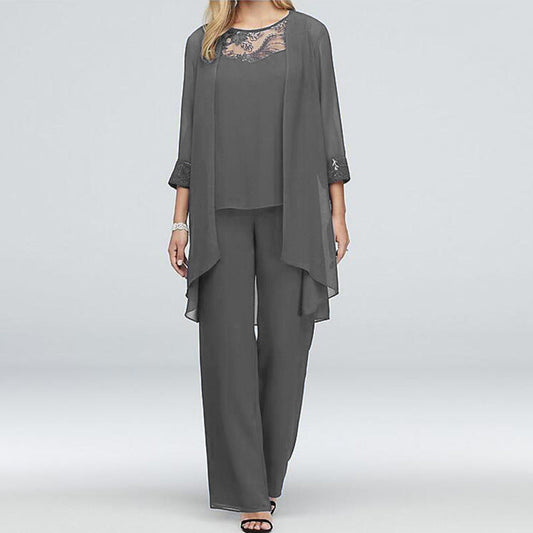 Lenora | Three-Piece Trouser Set Grey Chiffon Lace Trim for Women