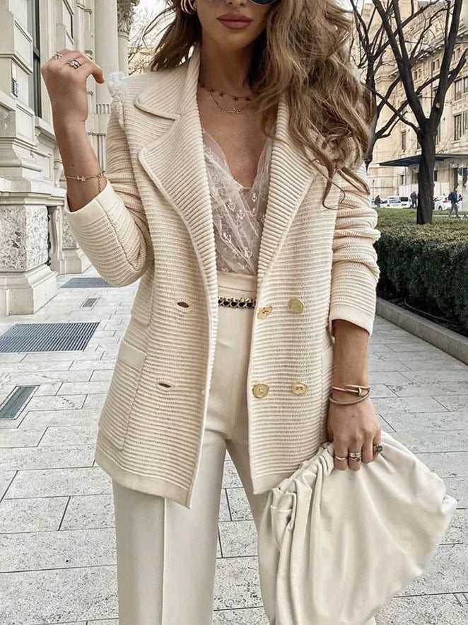 Verity | Knitted Blazer White Double-Breasted Gold Button for Women