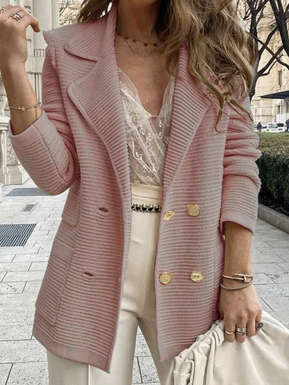 Verity | Knitted Blazer White Double-Breasted Gold Button for Women
