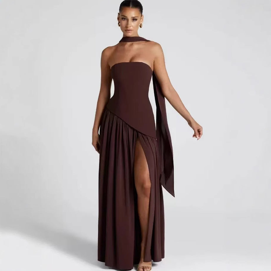 Winsome | Maxi Party Dress Yellow Chiffon Strapless Halter Wrap for Women