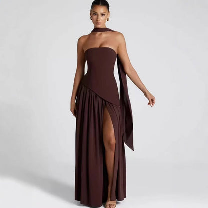 Winsome | Maxi Party Dress Yellow Chiffon Strapless Halter Wrap for Women