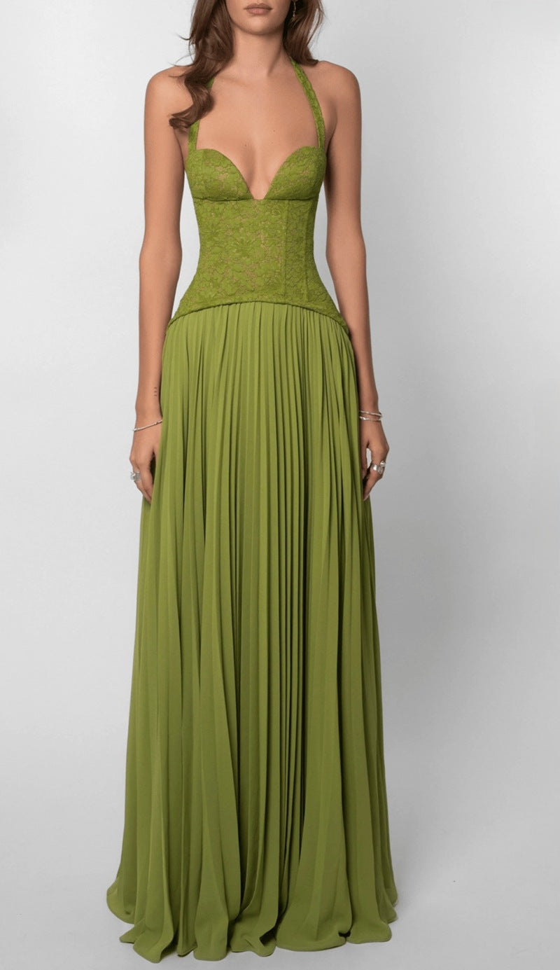 Sorcha | Maxi Party Dress Olive Green Lace Chiffon Halterneck Pleated for Women