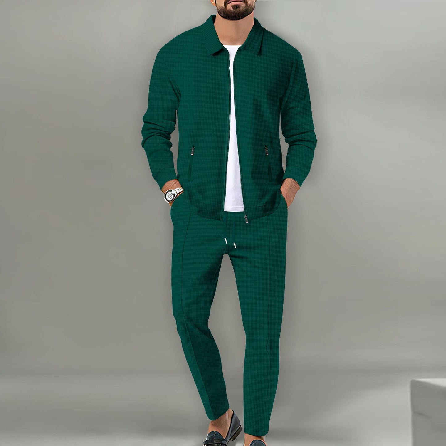 Percy | Suit Set Off-White Cotton Blend Slim Fit Zip Jacket and Trousers for Men