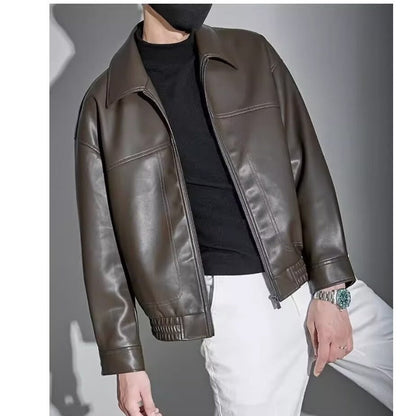Reginald | Zip-Up Jacket Dark Brown Faux Leather Collared for Men