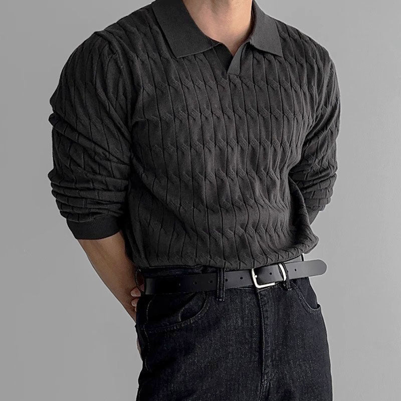 Nigel | Polo Sweater Black Cable Knit Loose Fit for Men
