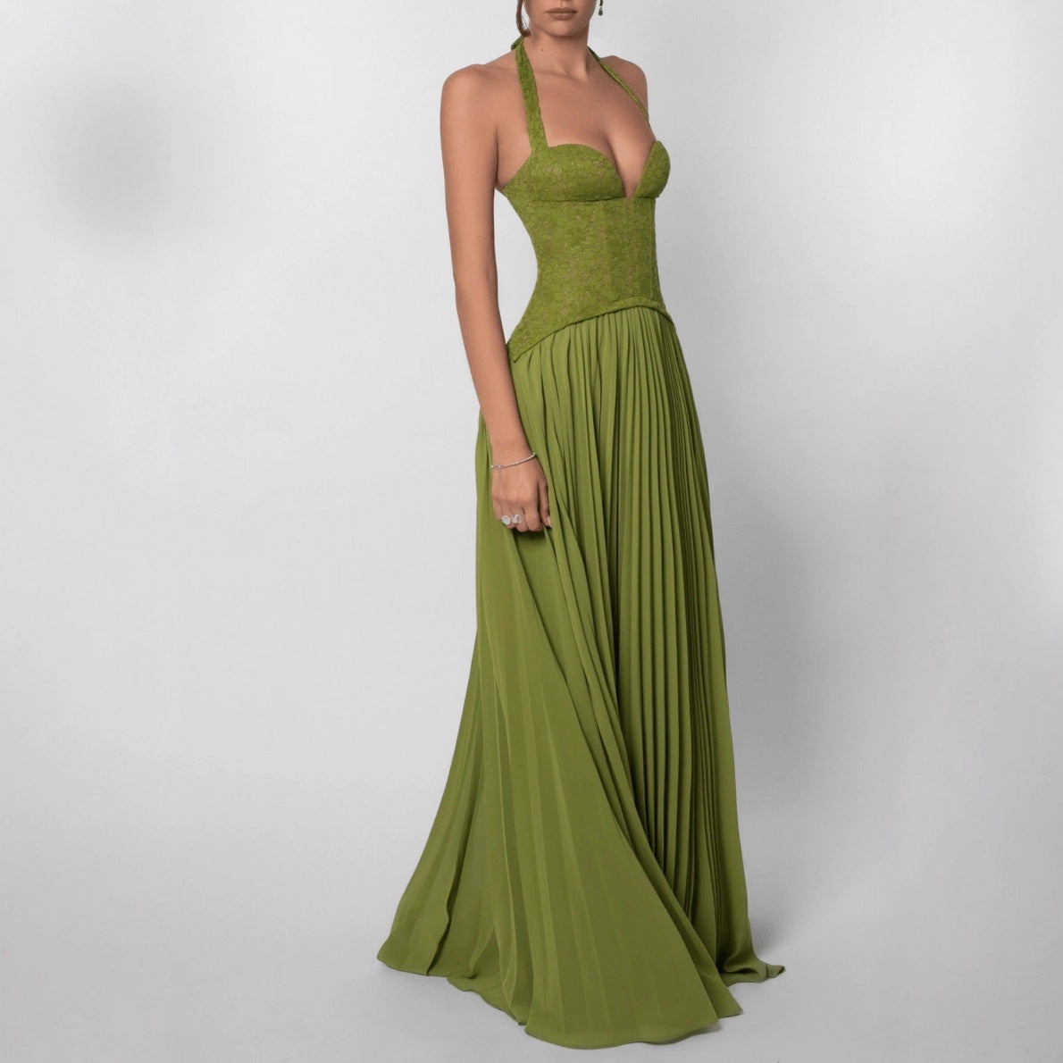 Sorcha | Maxi Party Dress Olive Green Lace Chiffon Halterneck Pleated for Women