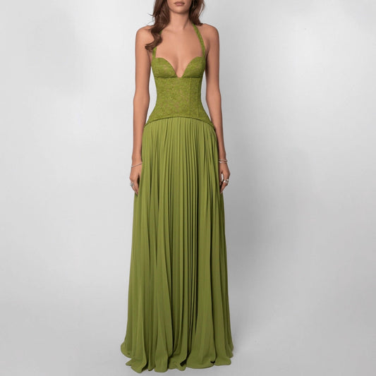 Sorcha | Maxi Party Dress Olive Green Lace Chiffon Halterneck Pleated for Women