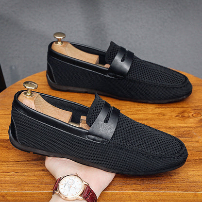Rafe | Loafers Black Mesh Leather Strap Slip-On for Men