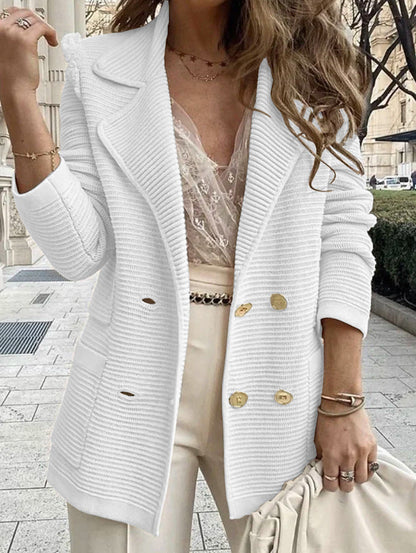Verity | Knitted Blazer White Double-Breasted Gold Button for Women
