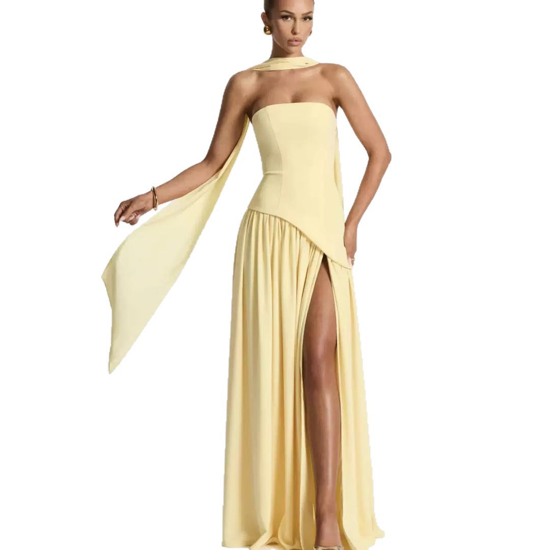 Winsome | Maxi Party Dress Yellow Chiffon Strapless Halter Wrap for Women