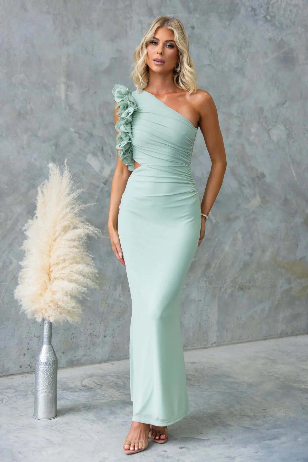 Serena | Maxi Dress Sage Green One-Shoulder Ruffle Detail for Women