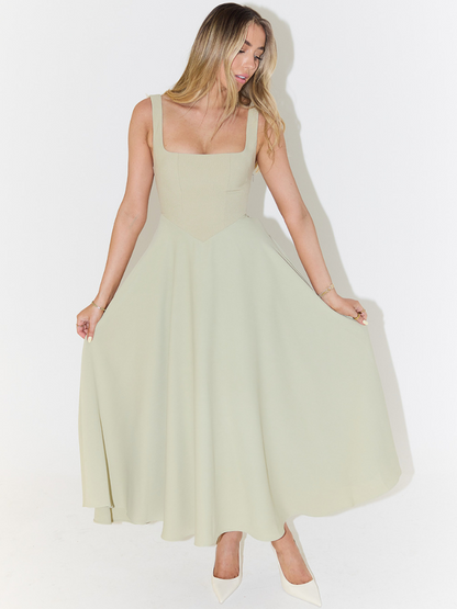 Elspeth | Midi Dress Sage Green Square Neck A-Line Sleeveless for Women