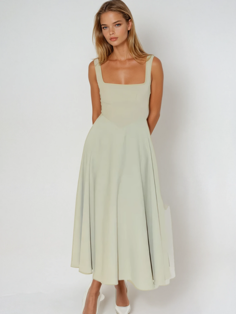 Elspeth | Midi Dress Sage Green Square Neck A-Line Sleeveless for Women