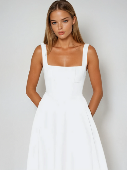 Elspeth | Midi Dress Sage Green Square Neck A-Line Sleeveless for Women