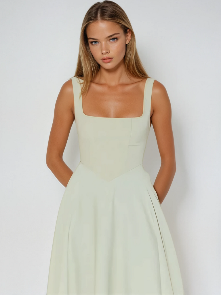 Elspeth | Midi Dress Sage Green Square Neck A-Line Sleeveless for Women