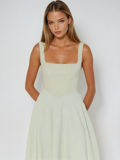 Elspeth | Midi Dress Sage Green Square Neck A-Line Sleeveless for Women