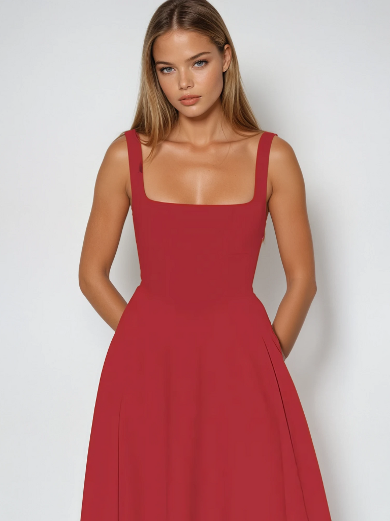 Elspeth | Midi Dress Sage Green Square Neck A-Line Sleeveless for Women