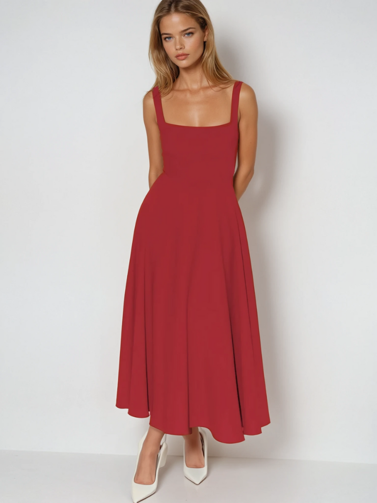 Elspeth | Midi Dress Sage Green Square Neck A-Line Sleeveless for Women