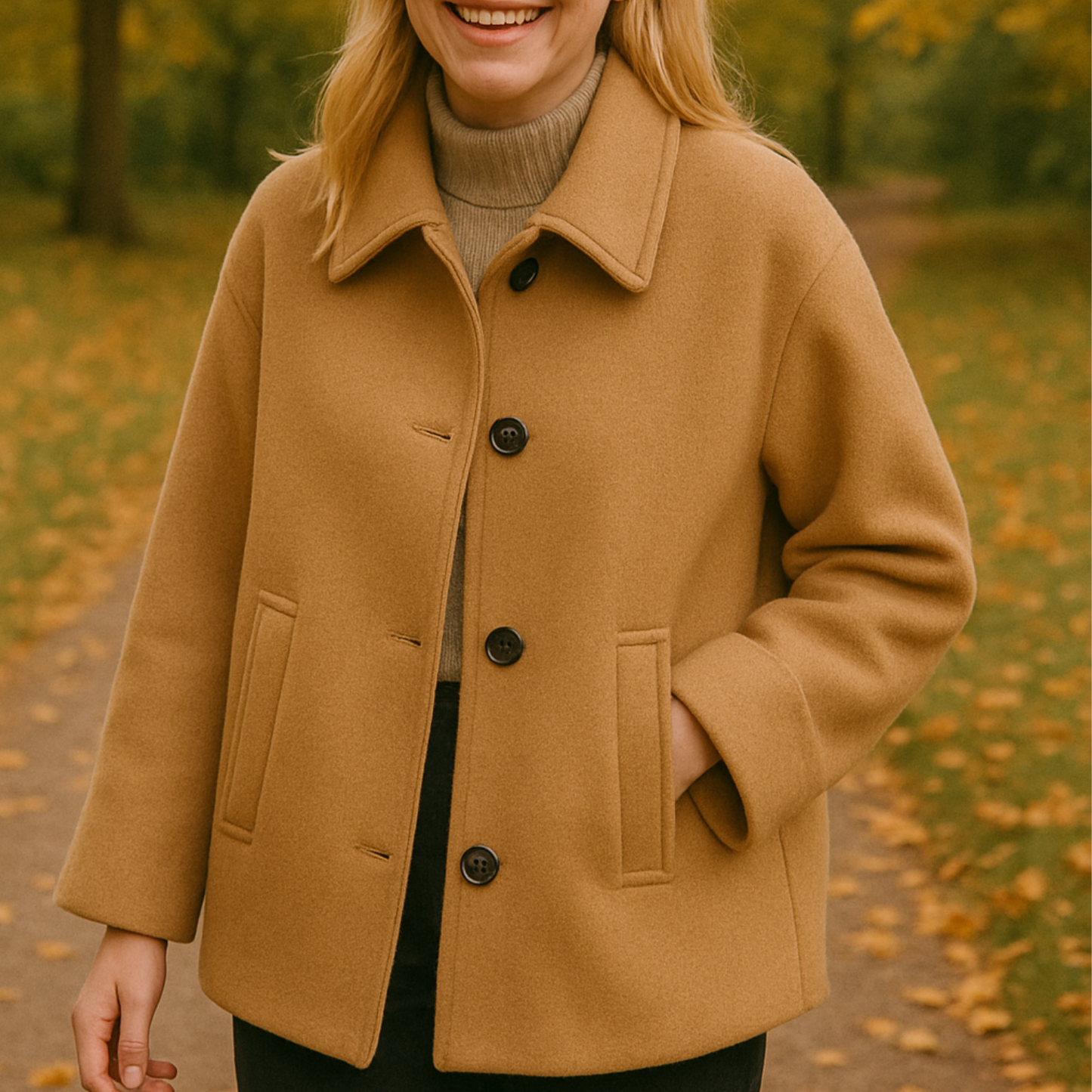 Harriet | Short Coat Camel Wool Blend Oversized Button-Front for Women