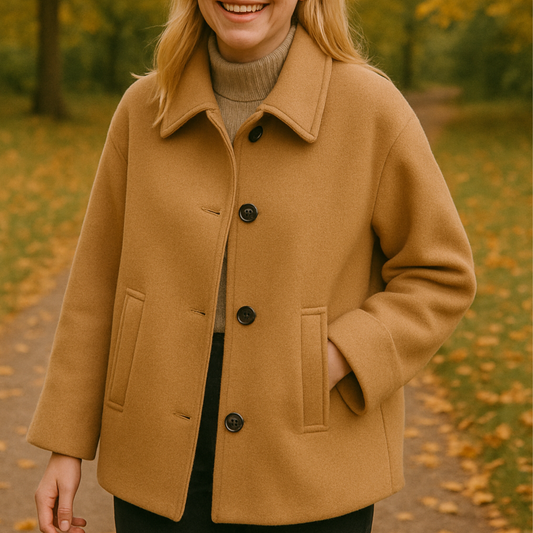 Harriet | Short Coat Camel Wool Blend Oversized Button-Front for Women