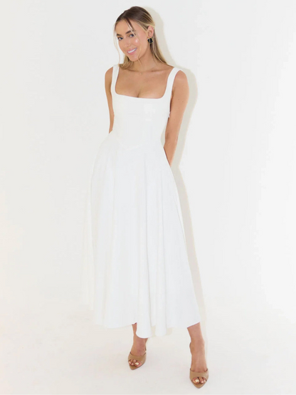Elspeth | Midi Dress Sage Green Square Neck A-Line Sleeveless for Women