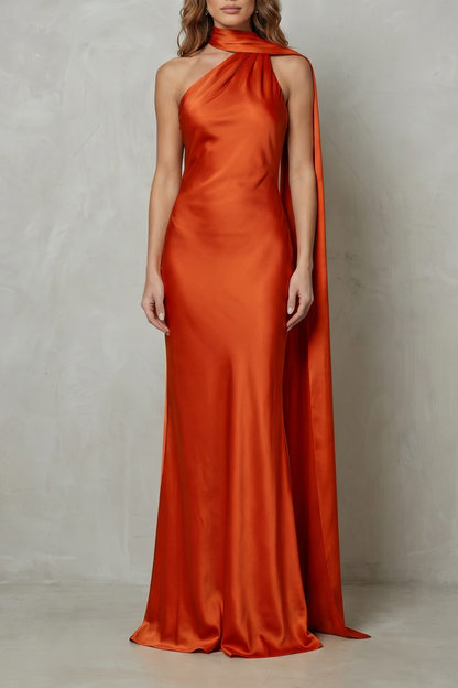 Audra | Maxi Dress Yellow Satin Halter Cape Mermaid Gown for Women