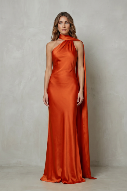 Audra | Maxi Dress Yellow Satin Halter Cape Mermaid Gown for Women