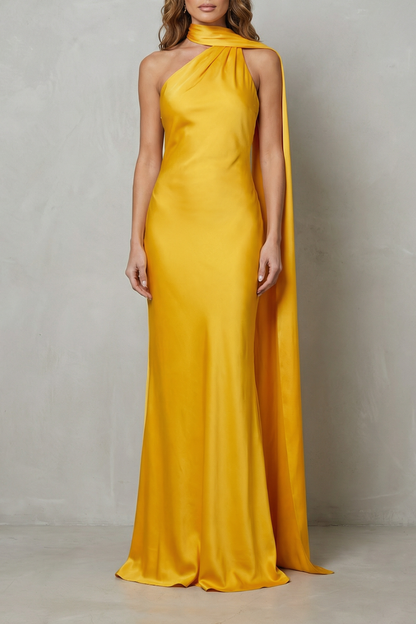 Audra | Maxi Dress Yellow Satin Halter Cape Mermaid Gown for Women