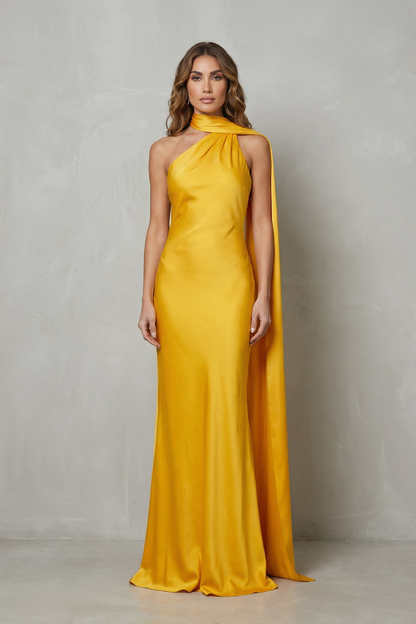 Audra | Maxi Dress Yellow Satin Halter Cape Mermaid Gown for Women