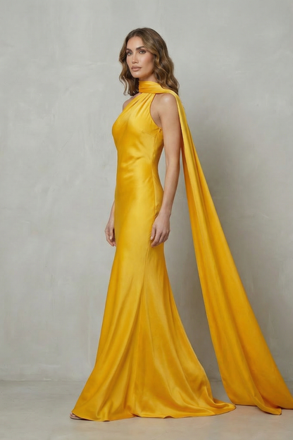 Audra | Maxi Dress Yellow Satin Halter Cape Mermaid Gown for Women