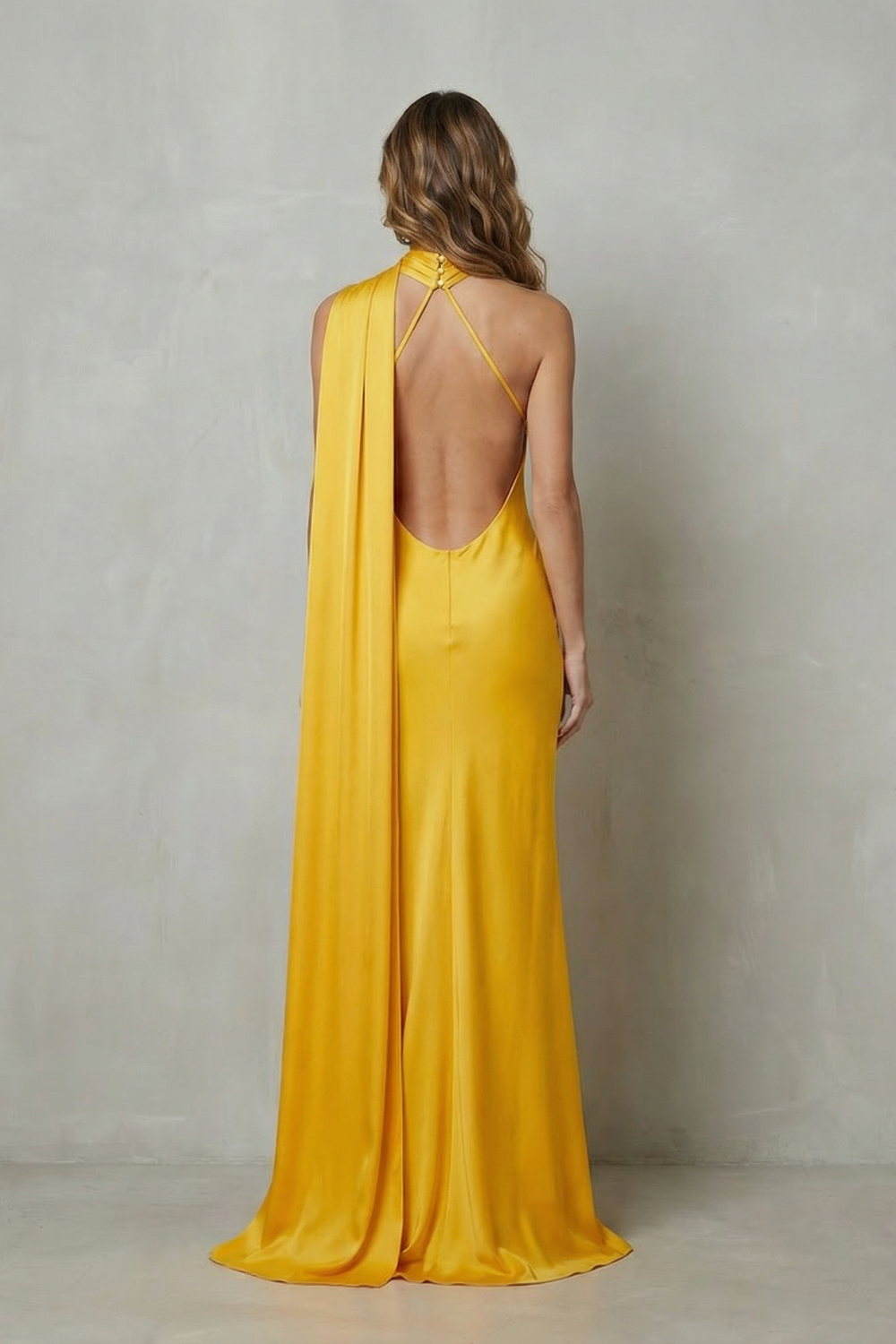 Audra | Maxi Dress Yellow Satin Halter Cape Mermaid Gown for Women